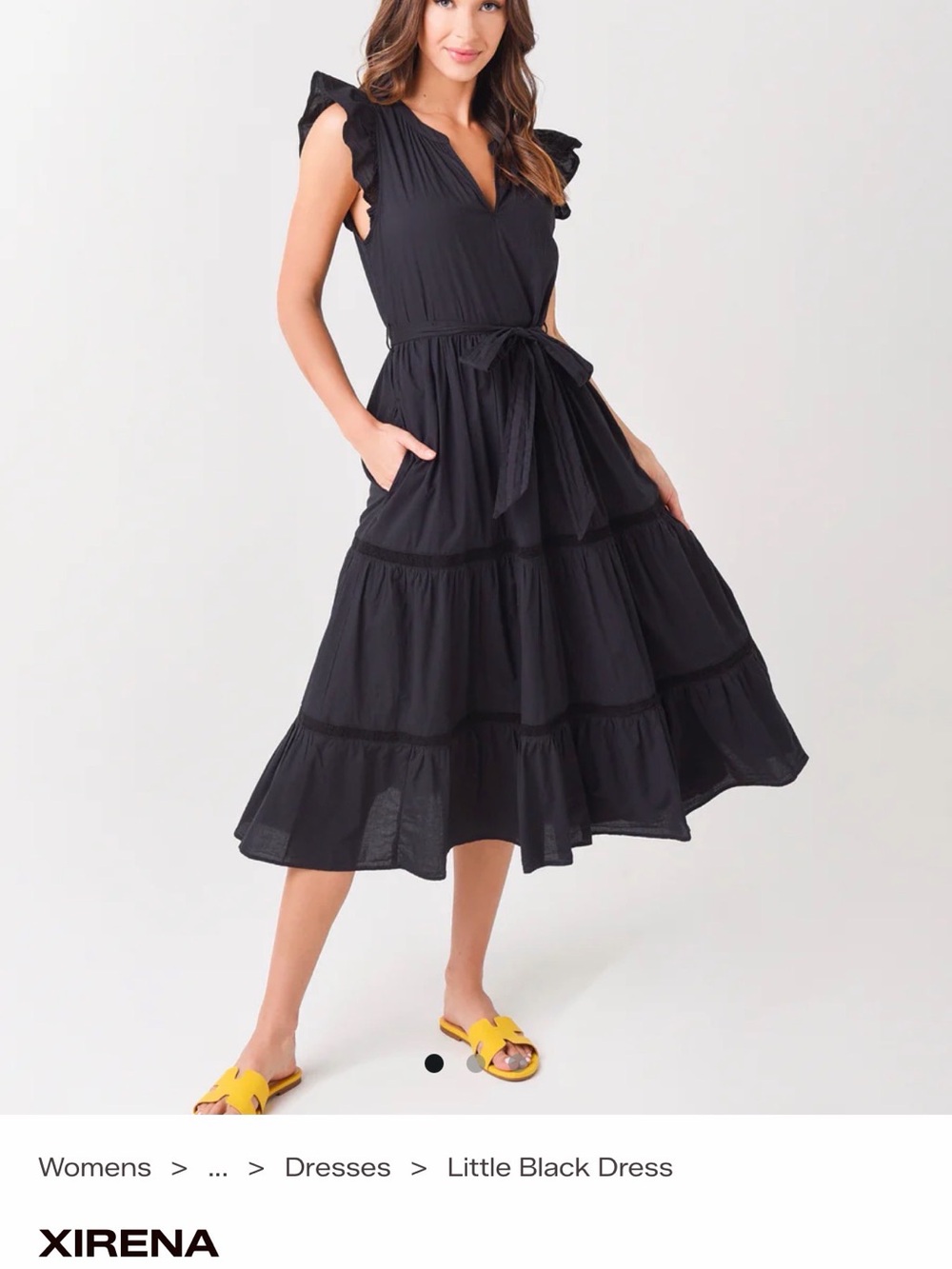 XiRENA Black Tiered Midi Dress with Tie Waist and Flutter Sleeves